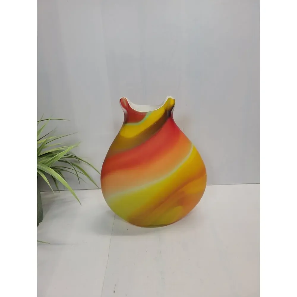 Vintage Azerbaijan Art Glass Vase, Yellow Red Orange Satin Swirl, Baijan glass - Picture 1 of 5